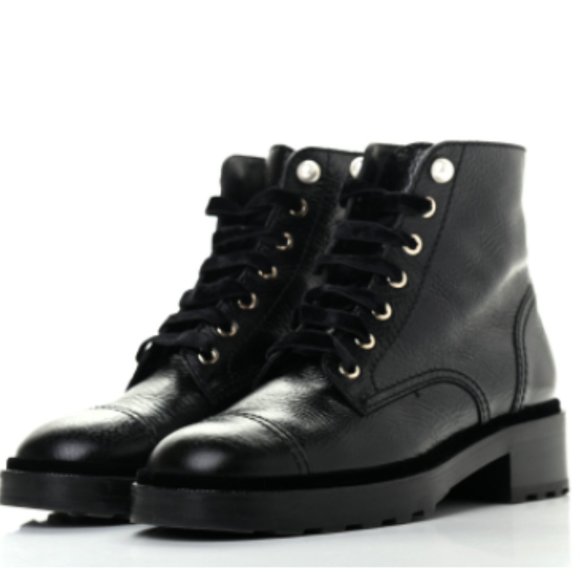 CHANEL Calfskin Pearl Combat Ankle Boots 41.5, Black - Picture 1 of 10